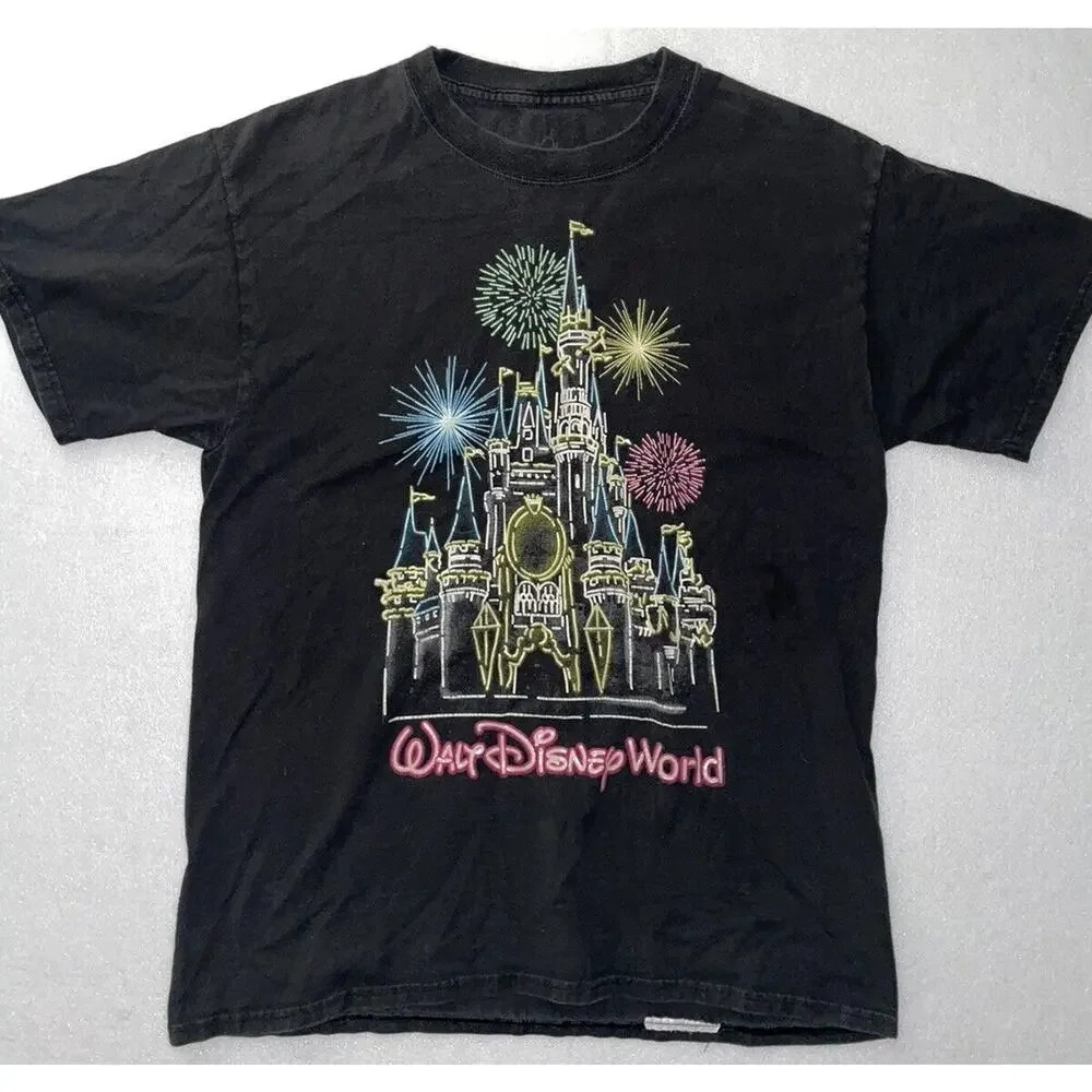 Disney Parks Walt‎ Disney World Neon Lights Castle Black T-shirt Size M Vintage